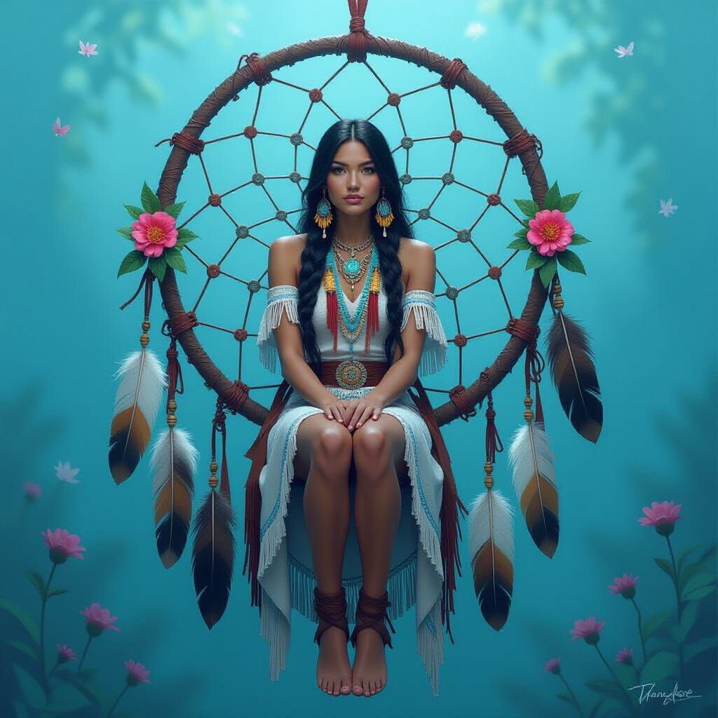 Native American Woman on Dreamcatcher in Fantasy Style