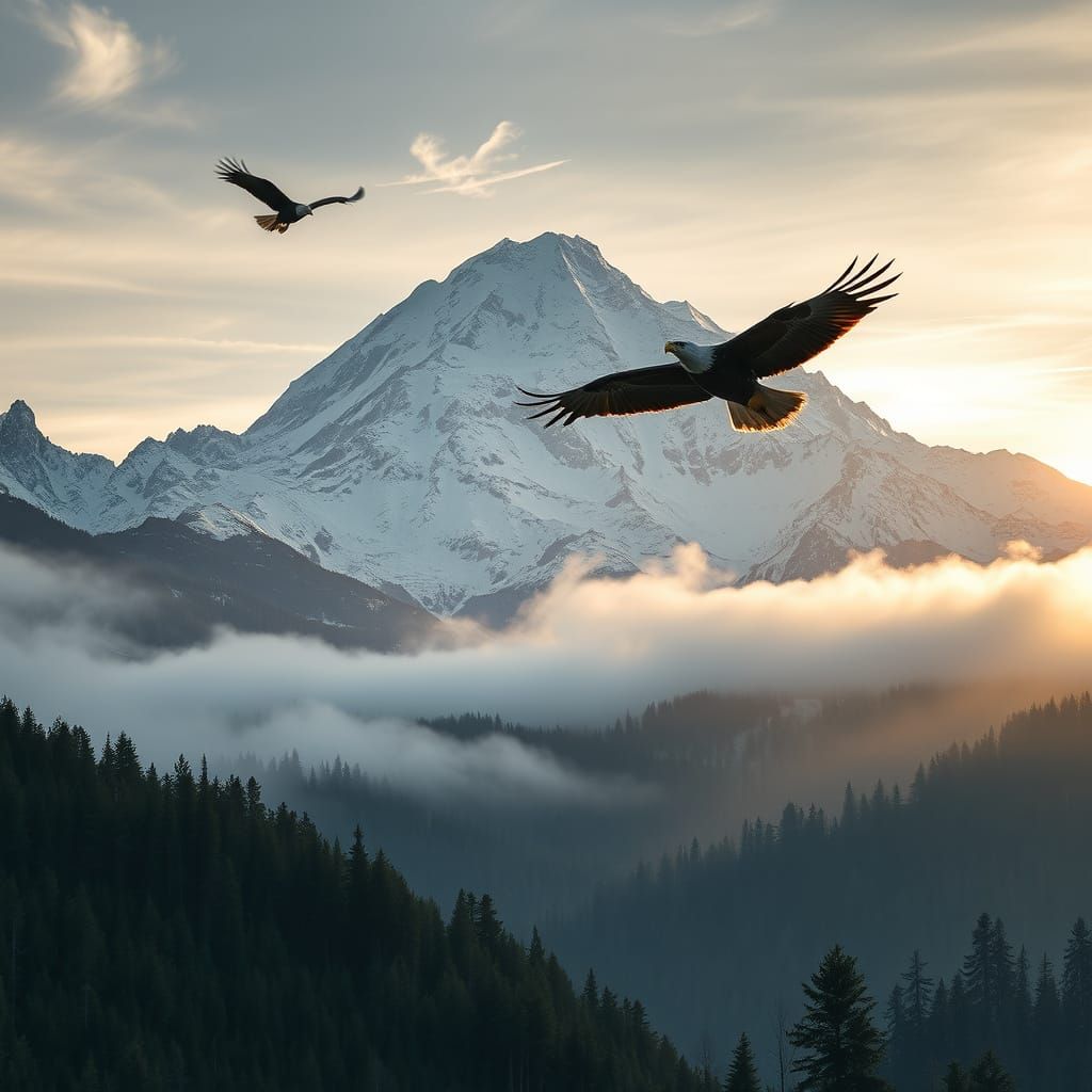 Majestic Snow Mountain Sunrise with Eagles