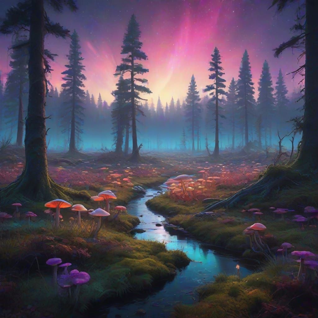 Aurora Borealis Over Mushroom Grove: Vibrant Oil Painting