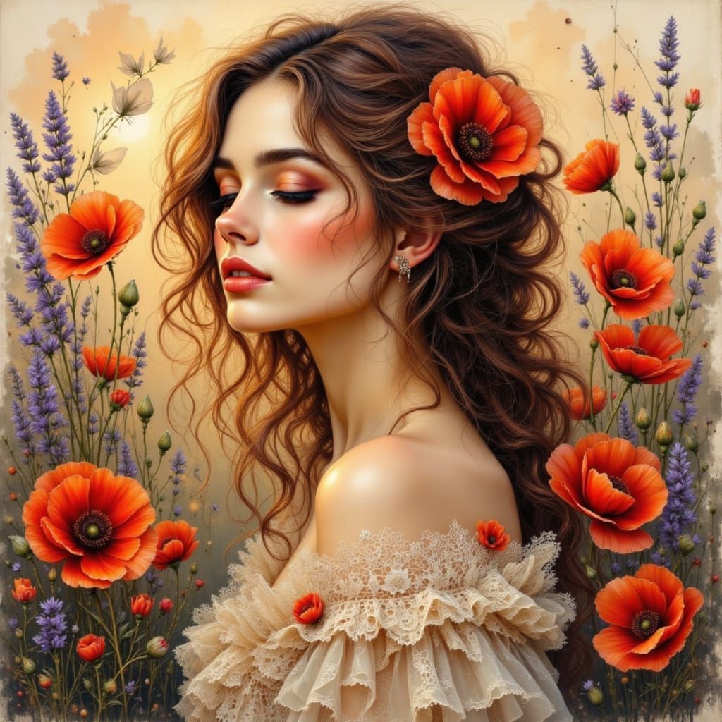 Ethereal Woman with Flowers in Art Nouveau Style