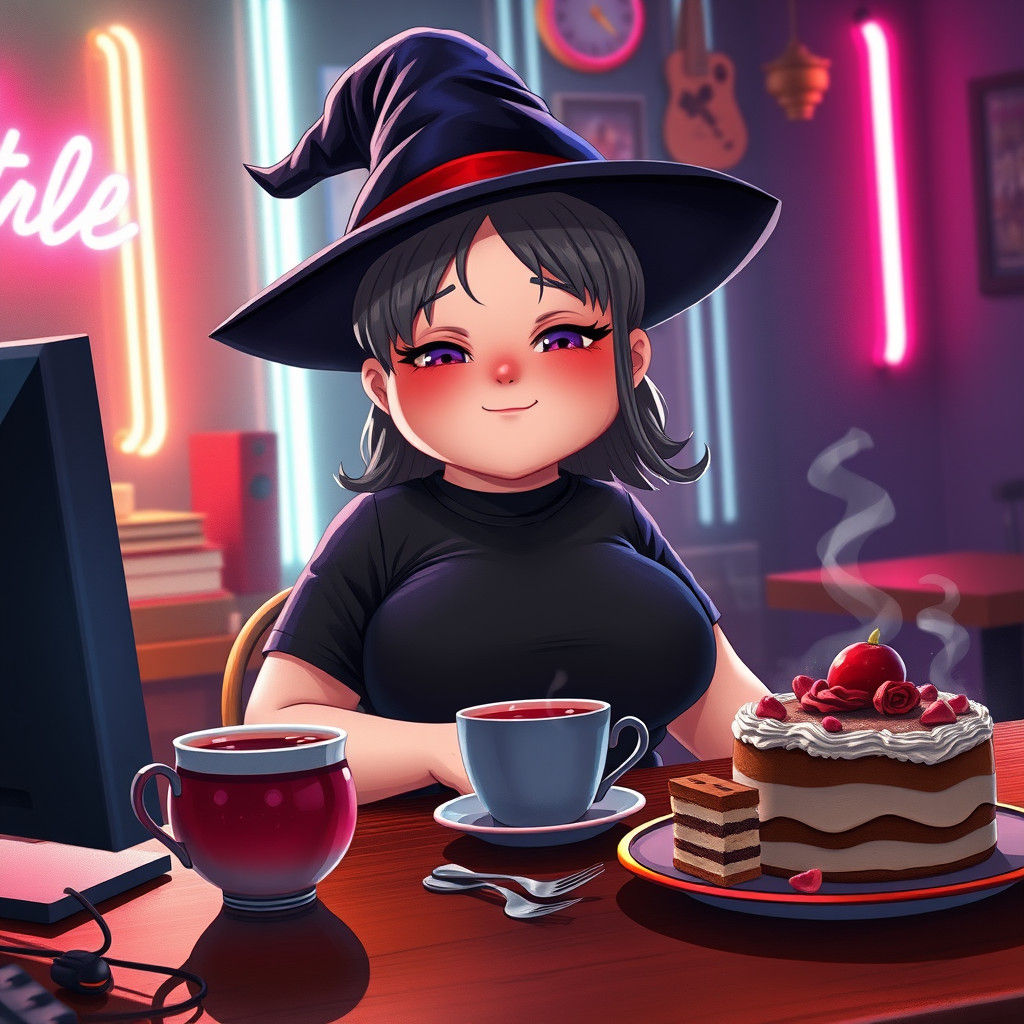 Anime Witch at Computer in Neon-lit Room