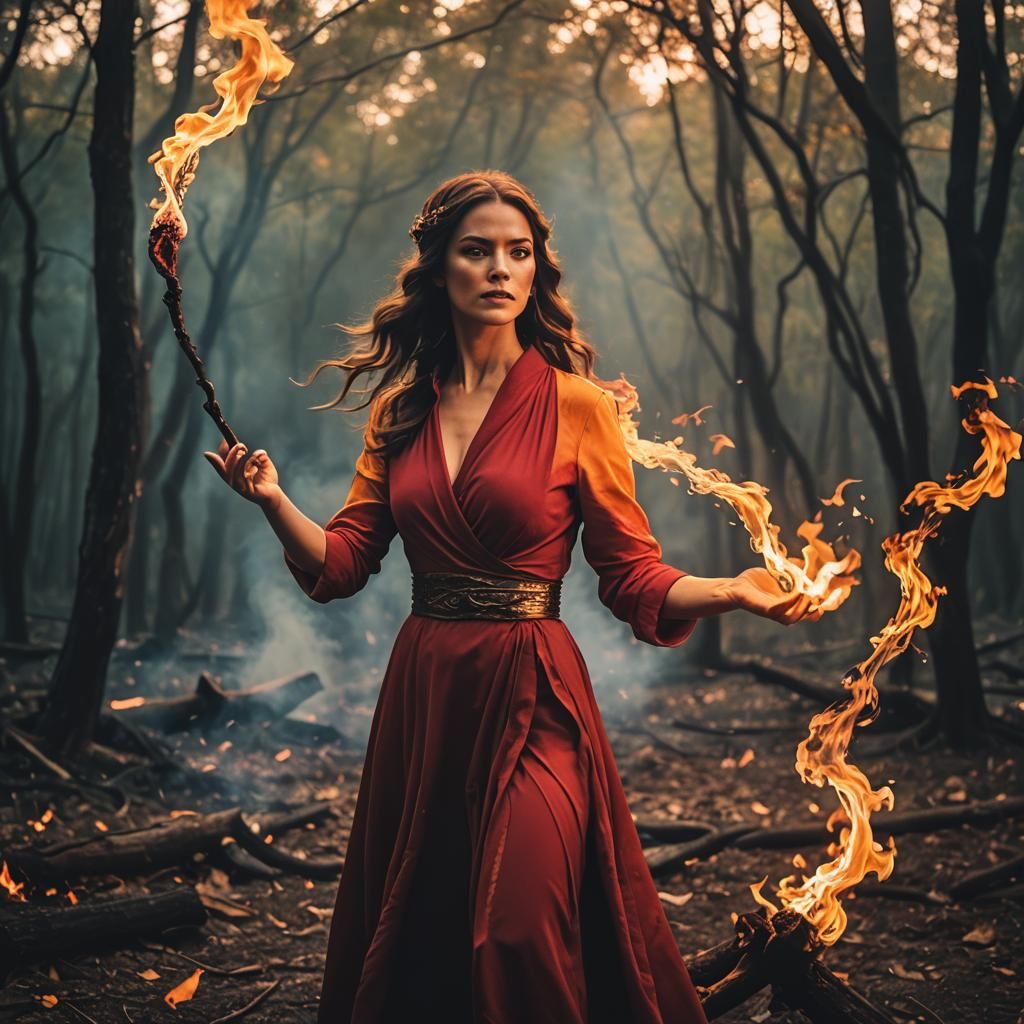 Woman in Fire Dress with Magic Fire