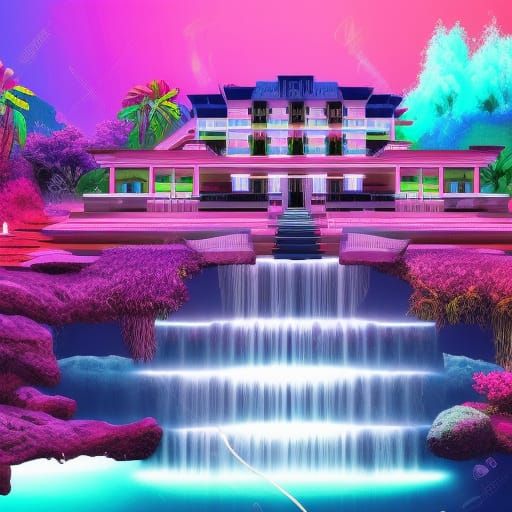 Synthwave Mansion in Mountain with Waterfall