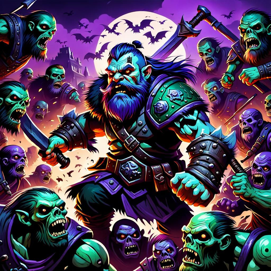 Dwarf Barbarian vs Zombie Horde in Dark Fantasy Art