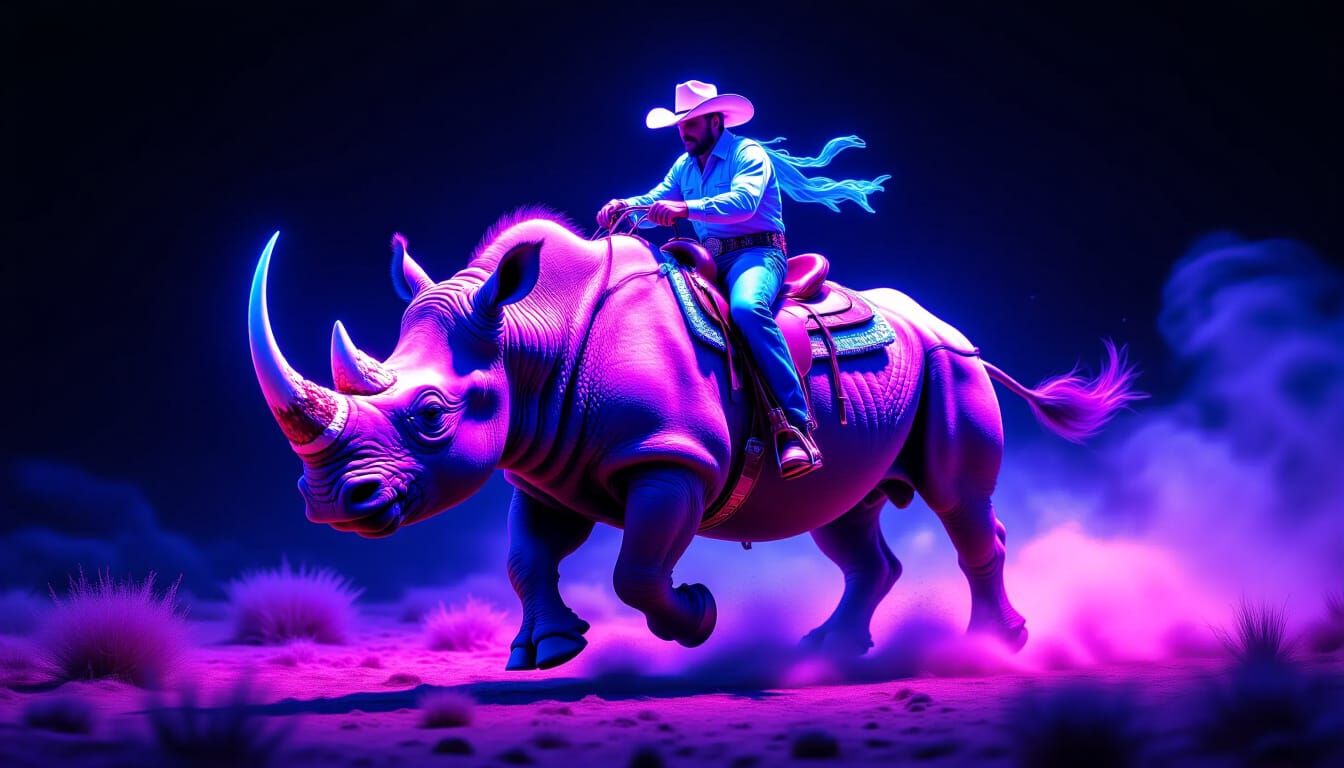 Cowboy Riding Rhino in Holographic Ultraviolet Style