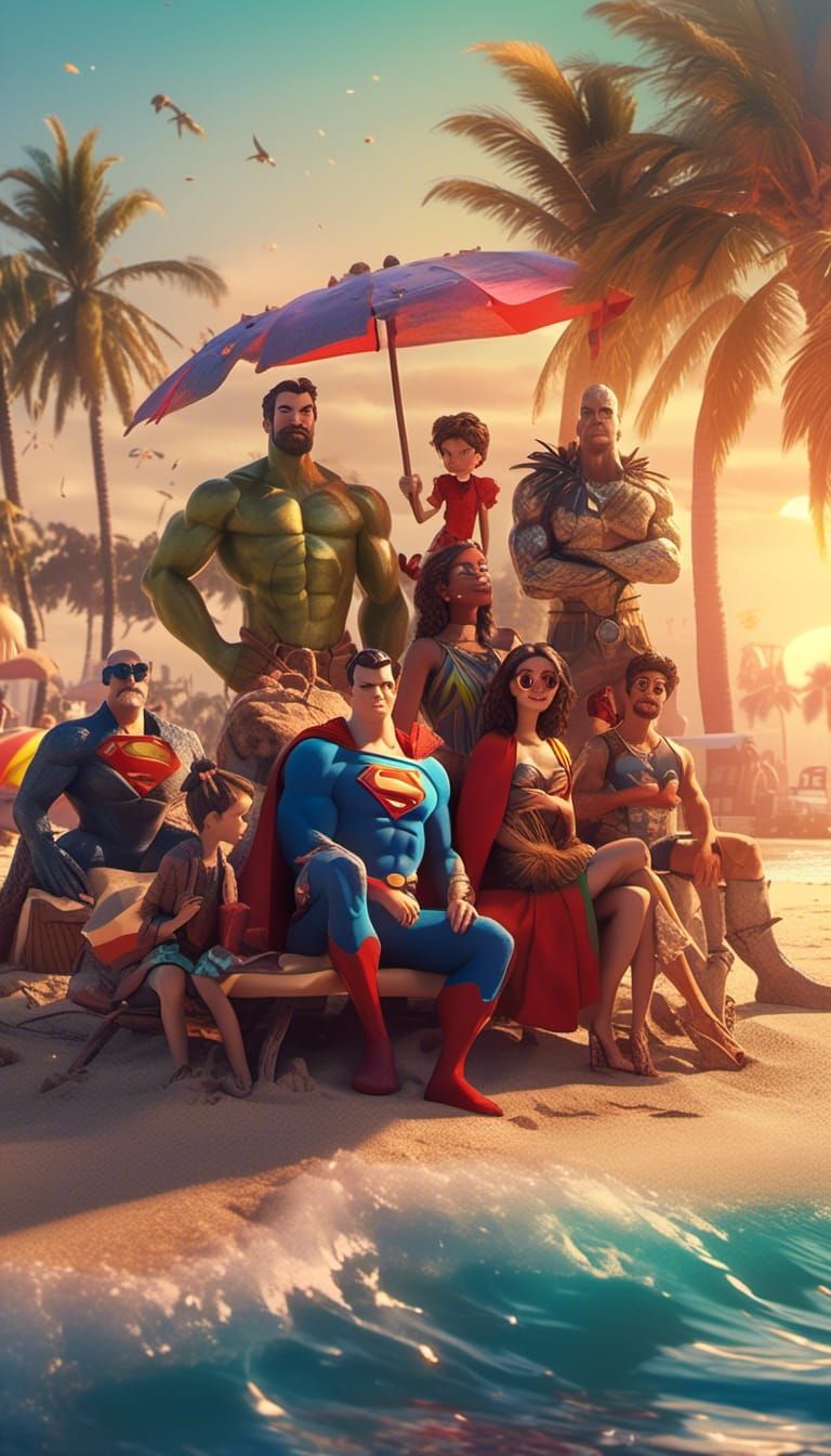 Family Beach Rest at Sunset, 3D Digital Art