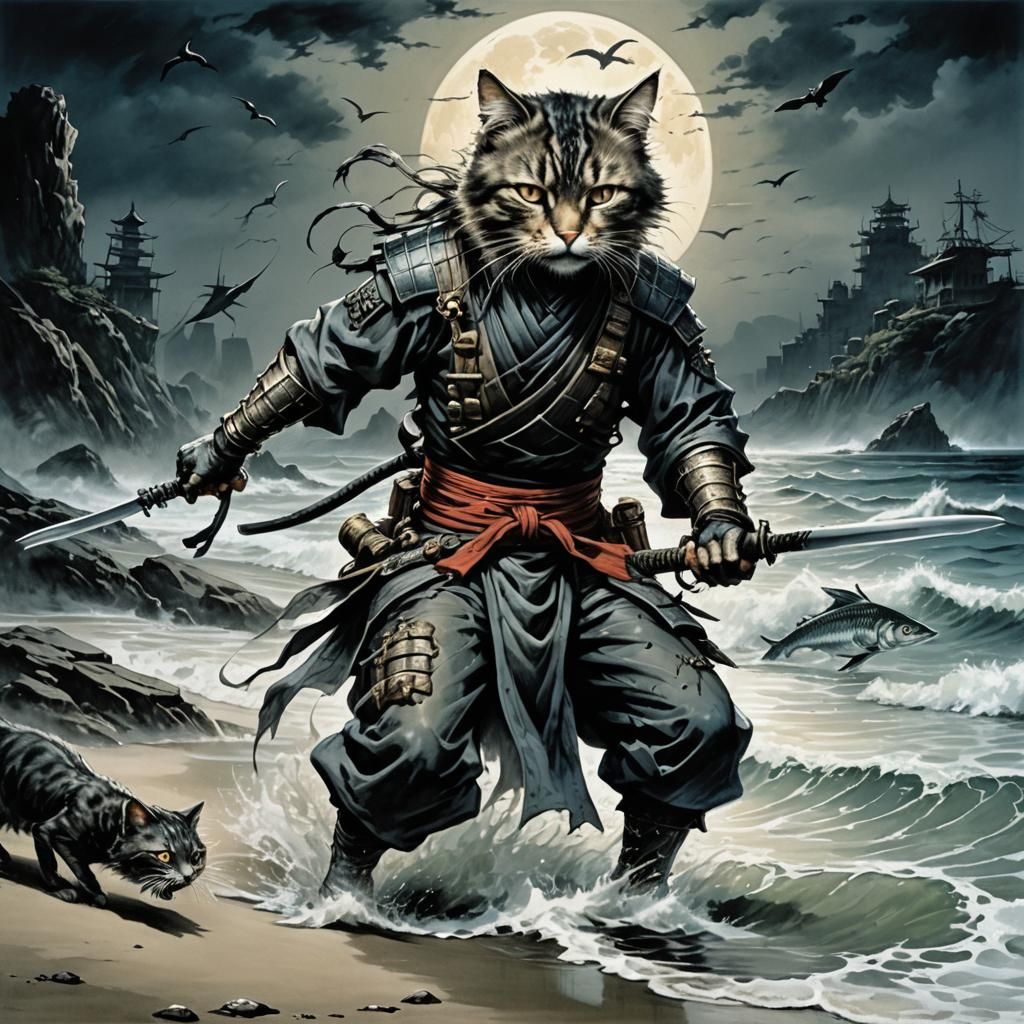 Ninja Cat Stalks Fish on Moonlit Shore