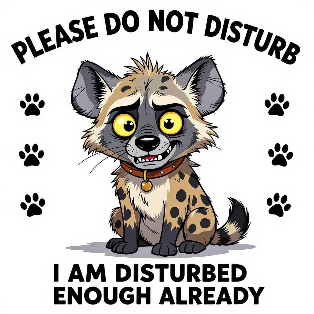 A whimsical cartoon drawing of a disheveled hyena, with its ...