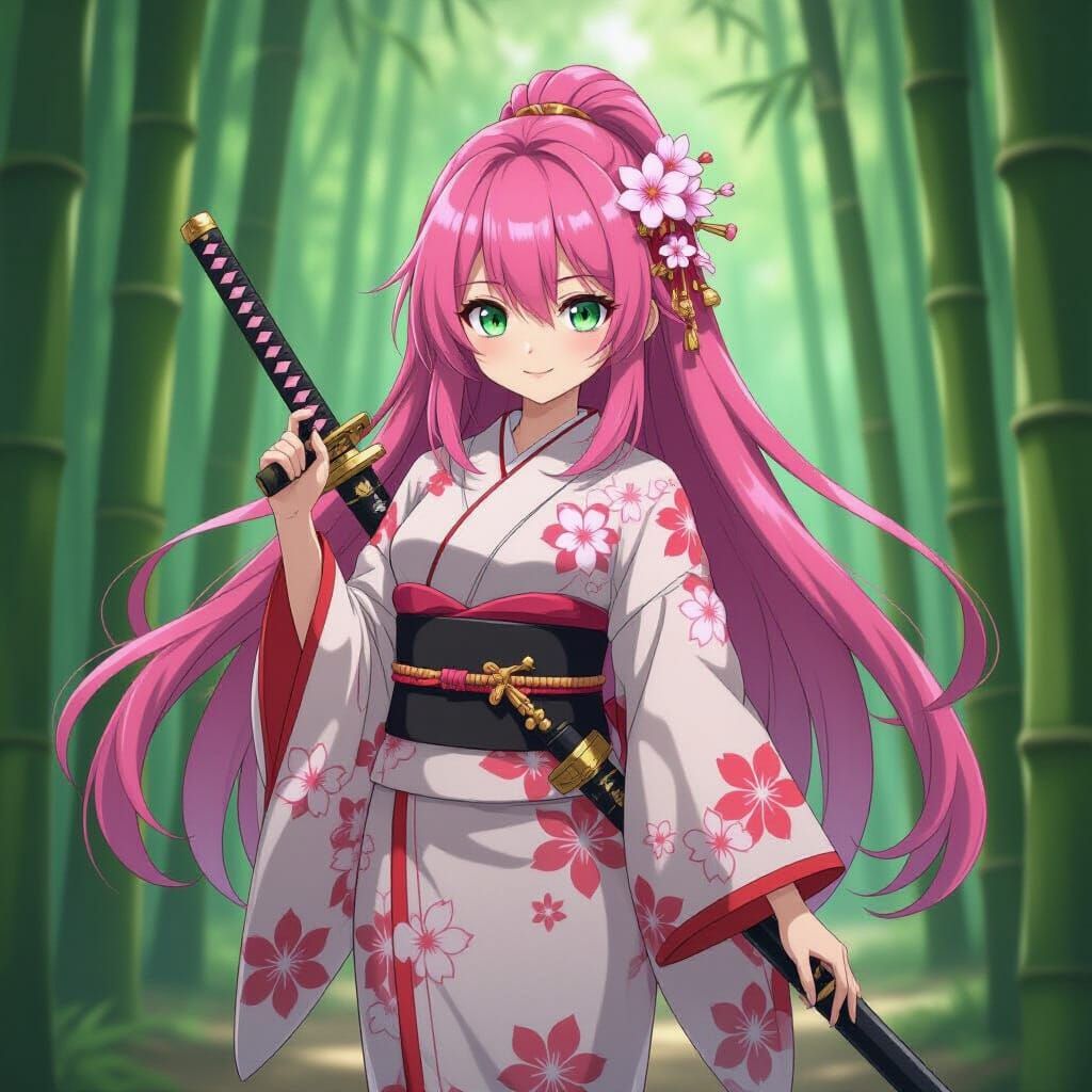 Anime Girl in Futuristic Kimono with Katana