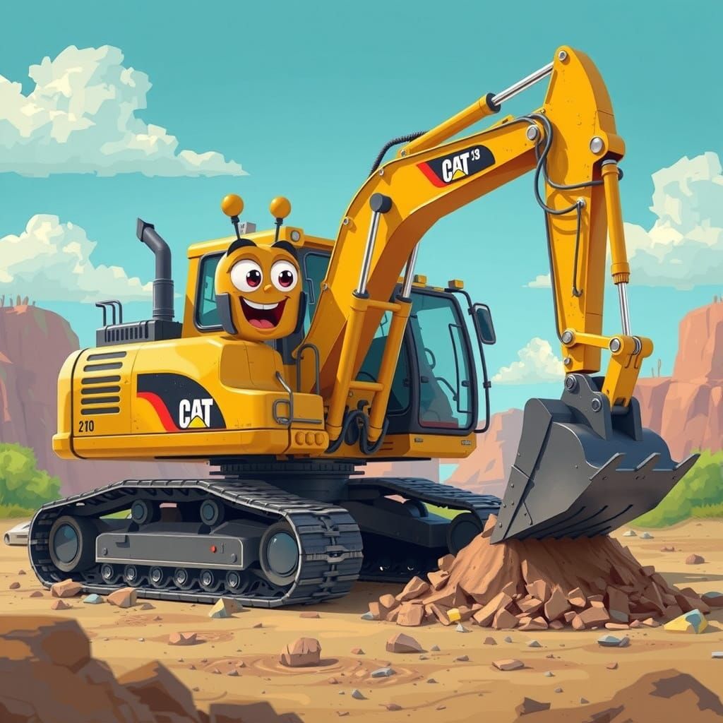 Cartoon Excavator Ready to Eat Rocks