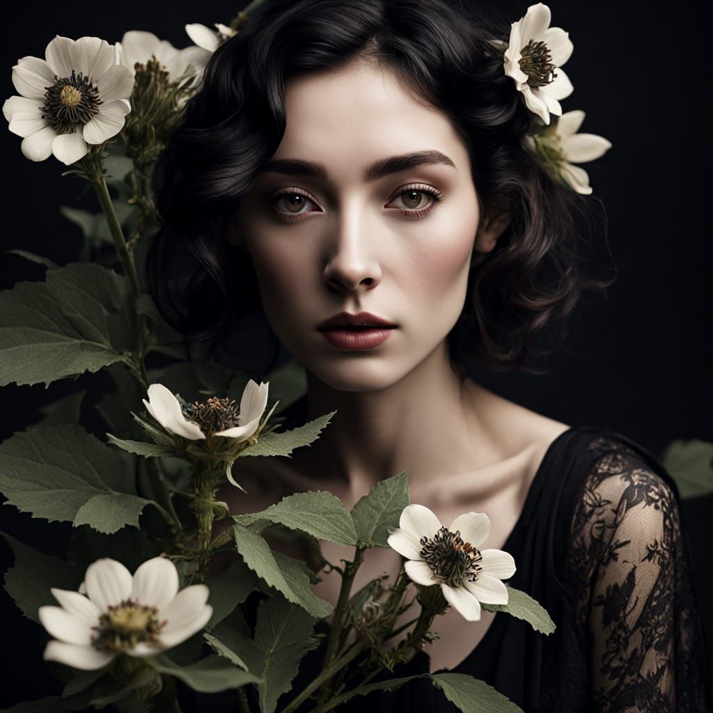 Serene Ancestral Goddess with Whimsical Bouquet