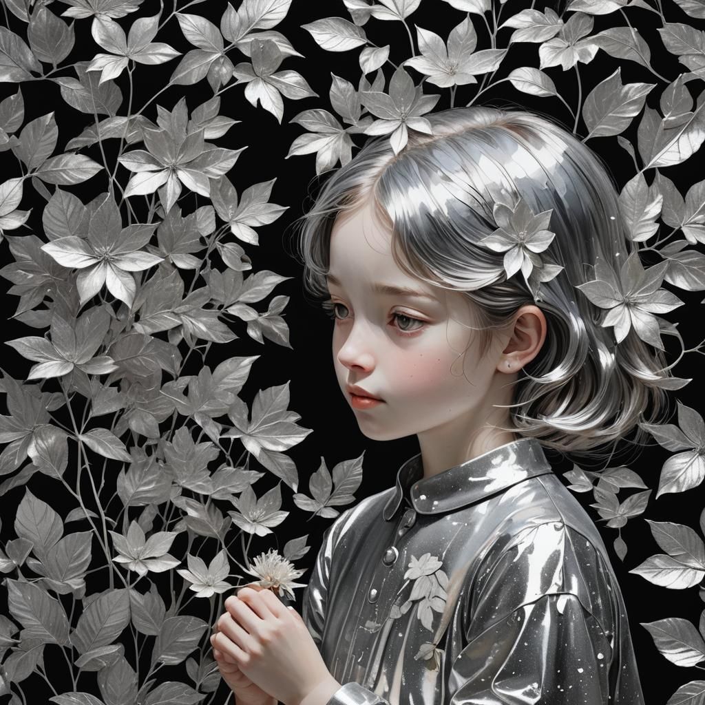 Girl in Silver Leaf Garden: Minimalist AI Art