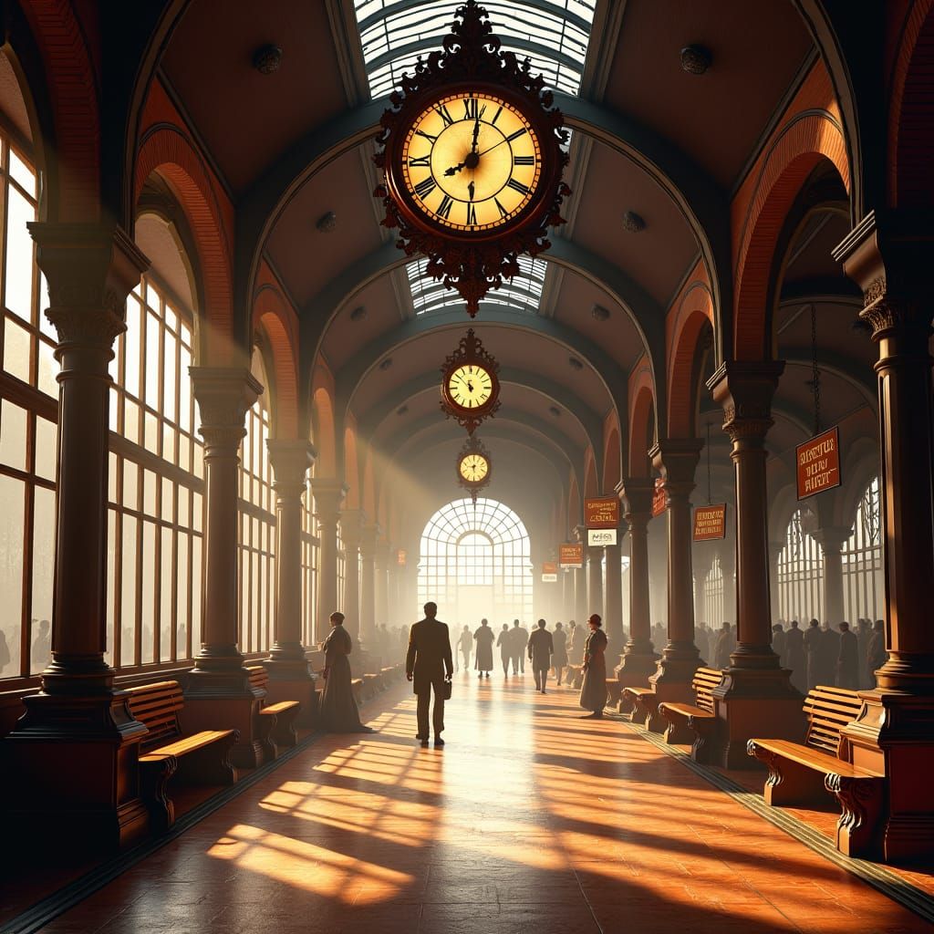 Vintage Train Station in Golden Light, Fantasy Matte Paintin...