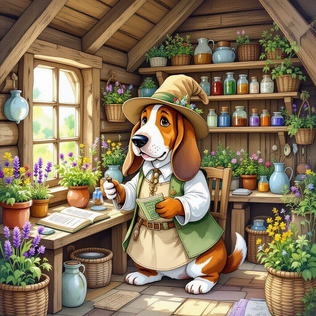 Basset Hound Herbalist in Cozy Wooden Cabin