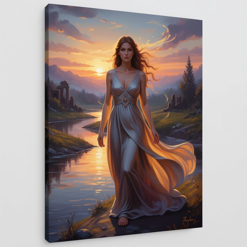 Serene Goddess by River at Twilight, Waterhouse Style