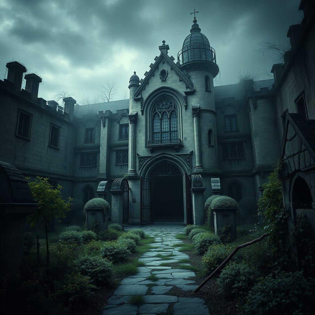 Gothic Abandoned Asylum in a Dark, Misty Landscape