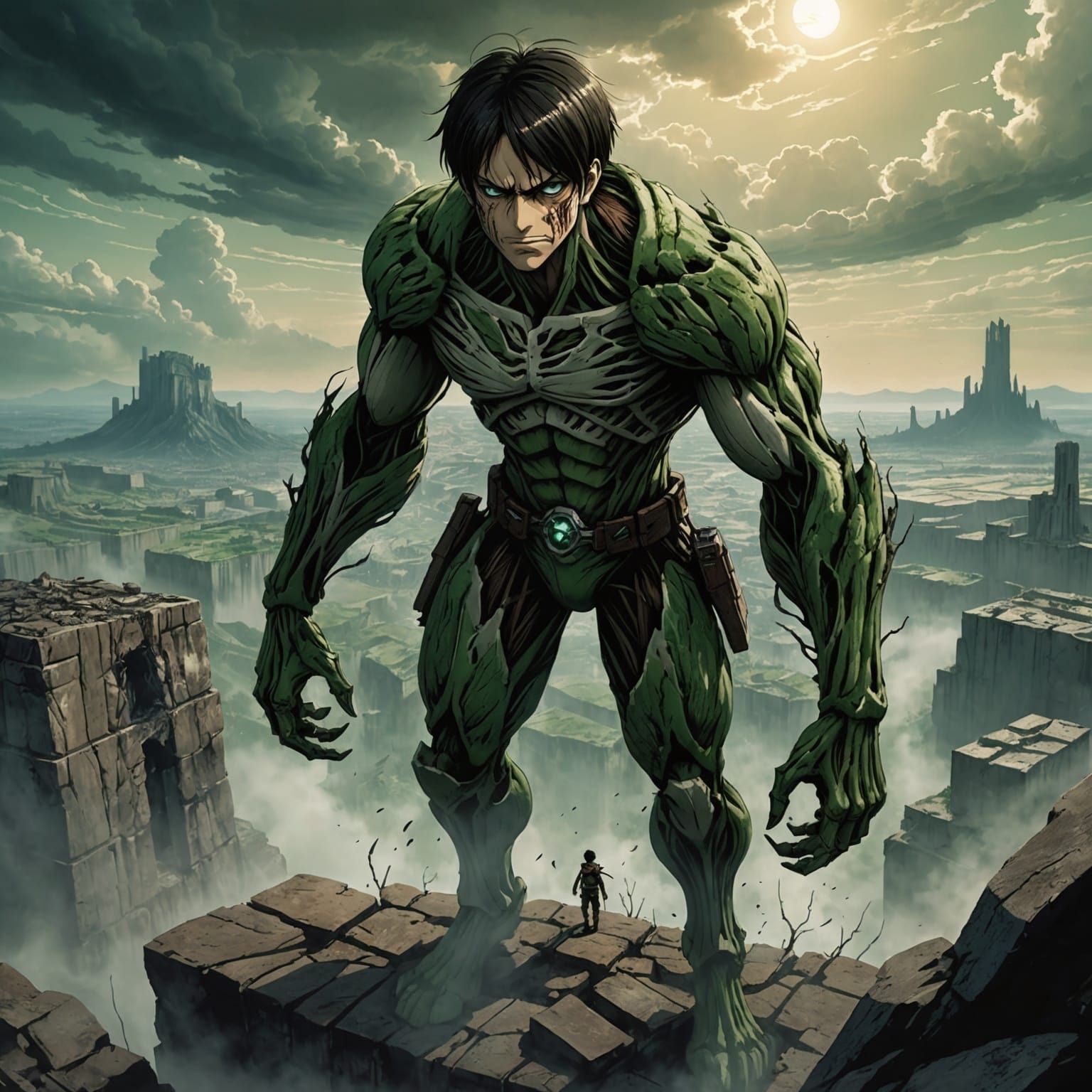 Eren Yeager Overlooking War-Torn Landscape