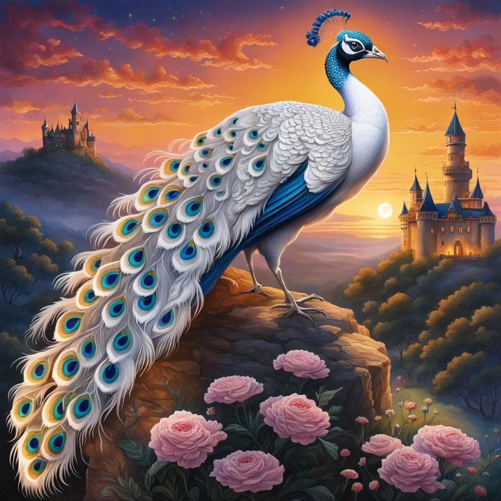 Gold Filigree Peacock with Castle Sunset: Cyberpunk Art
