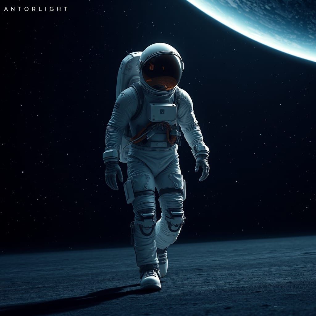 Astronaut in Sleek Spacesuit Amidst Stars and Galaxies