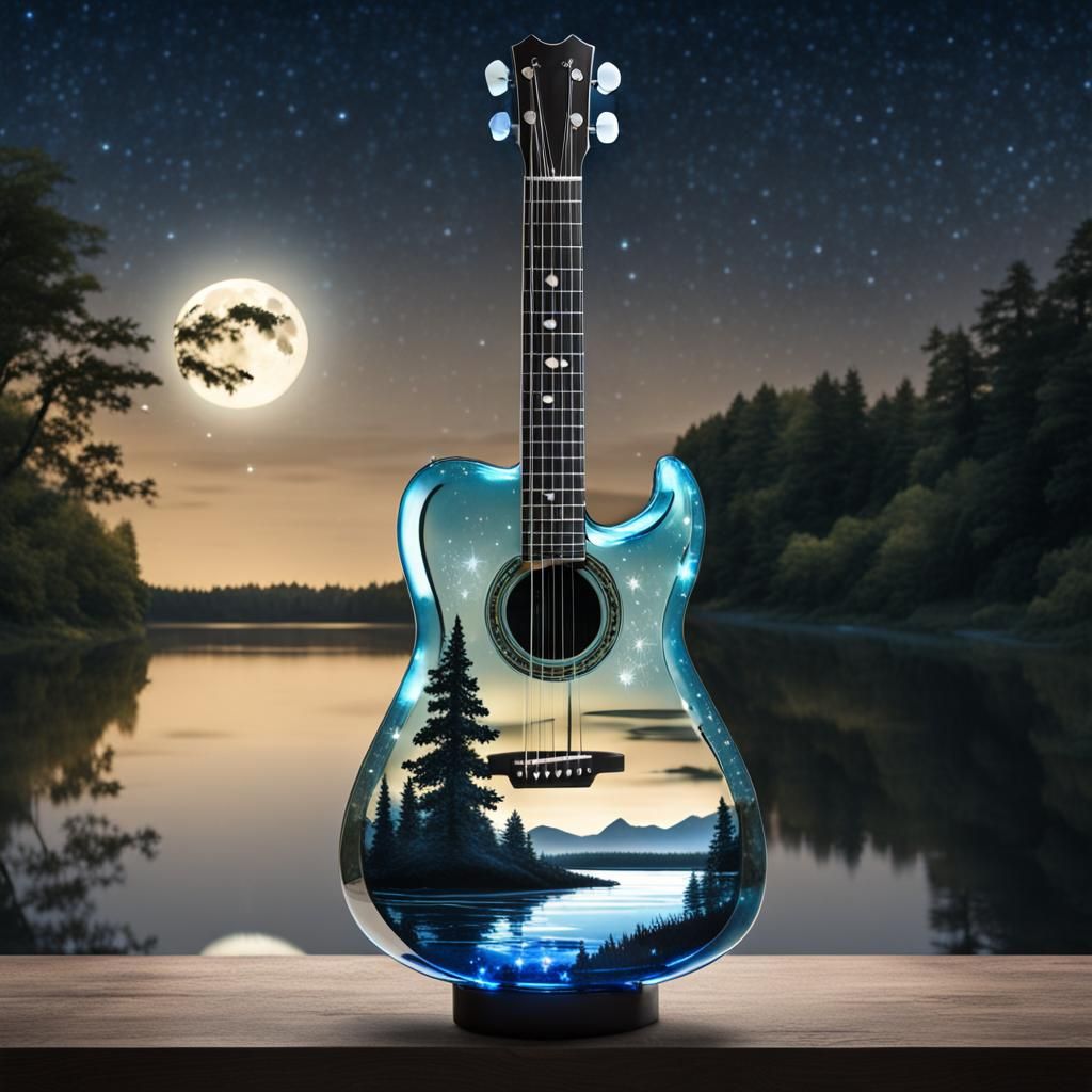 Glass Guitar Reflecting Moonlit River