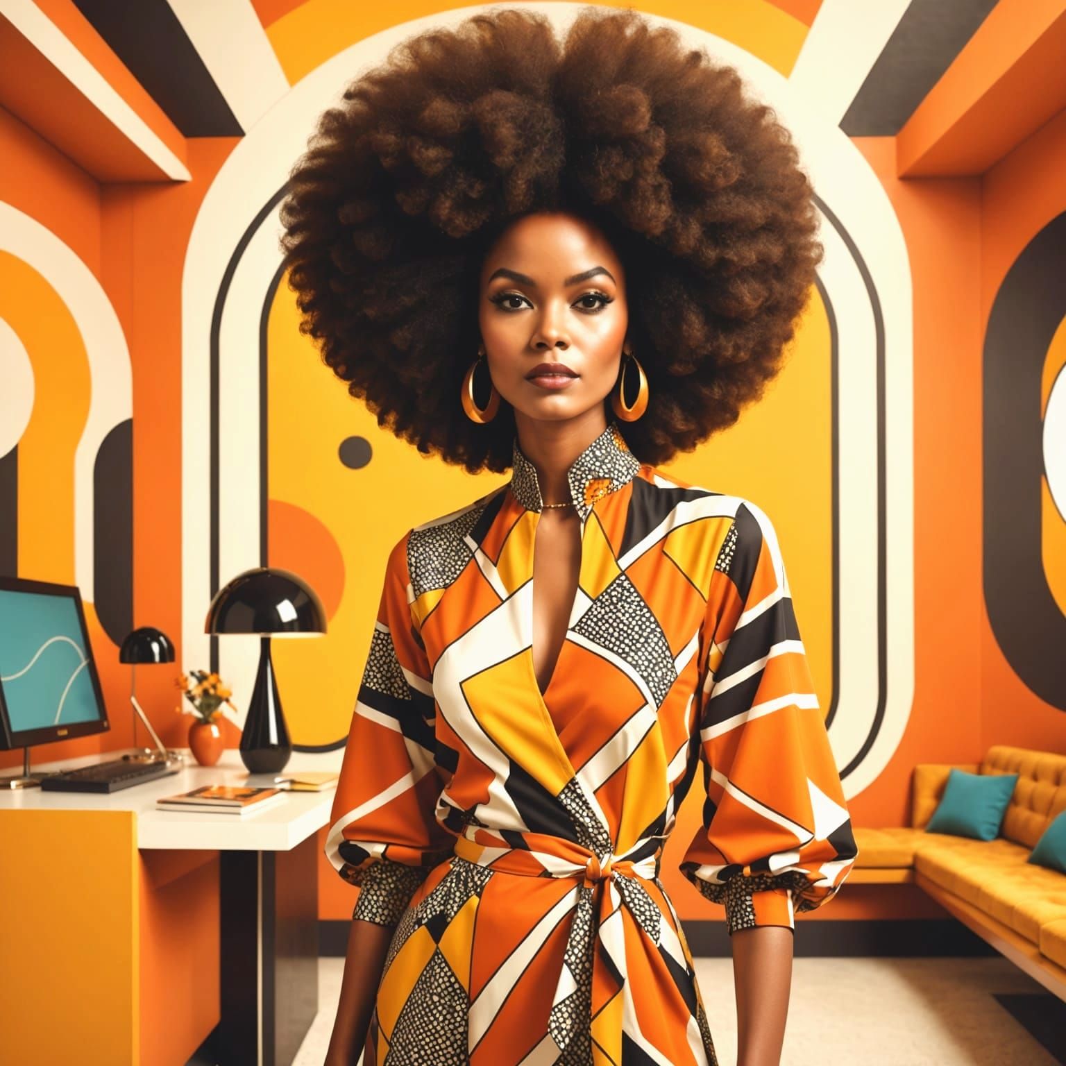 1970s Fashion Illustration of Woman in Afro and Geometric Dr...