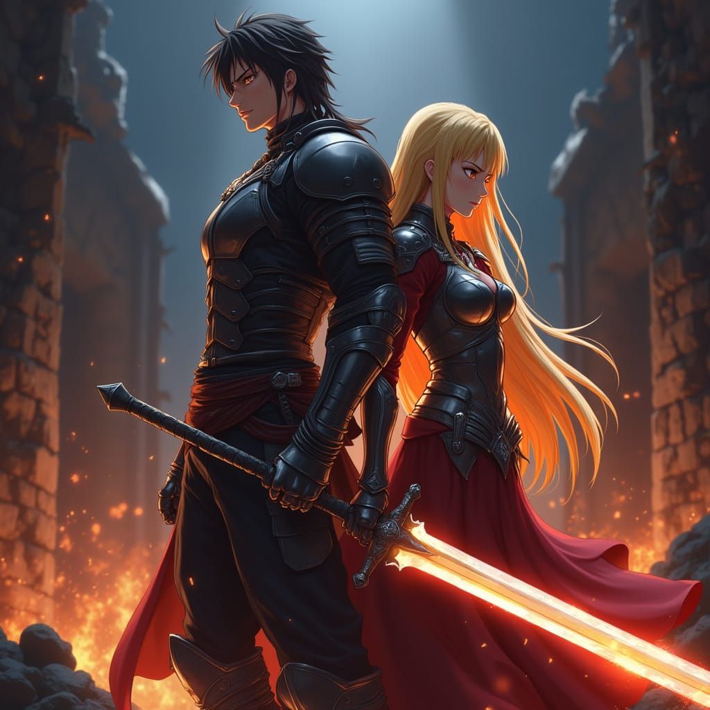 Anime Warriors in War-Torn Ruins