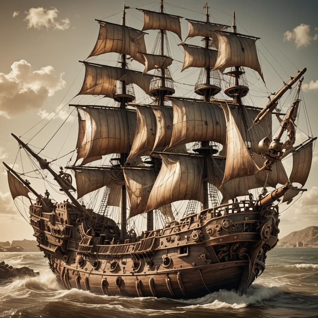 Steampunk Pirate Ship Character Art in Sepia Tones