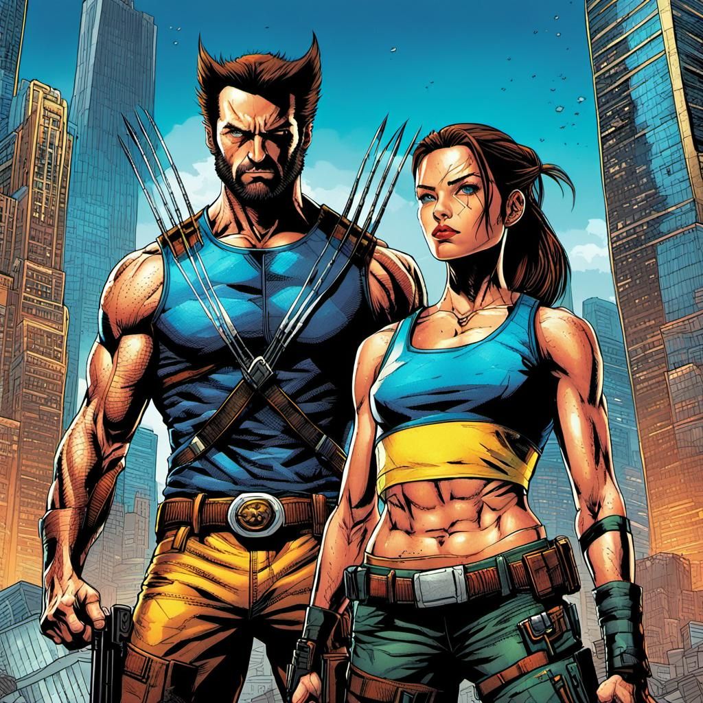 Vibrant Comic Book Art of Wolverine and Lara Croft in Anime-...