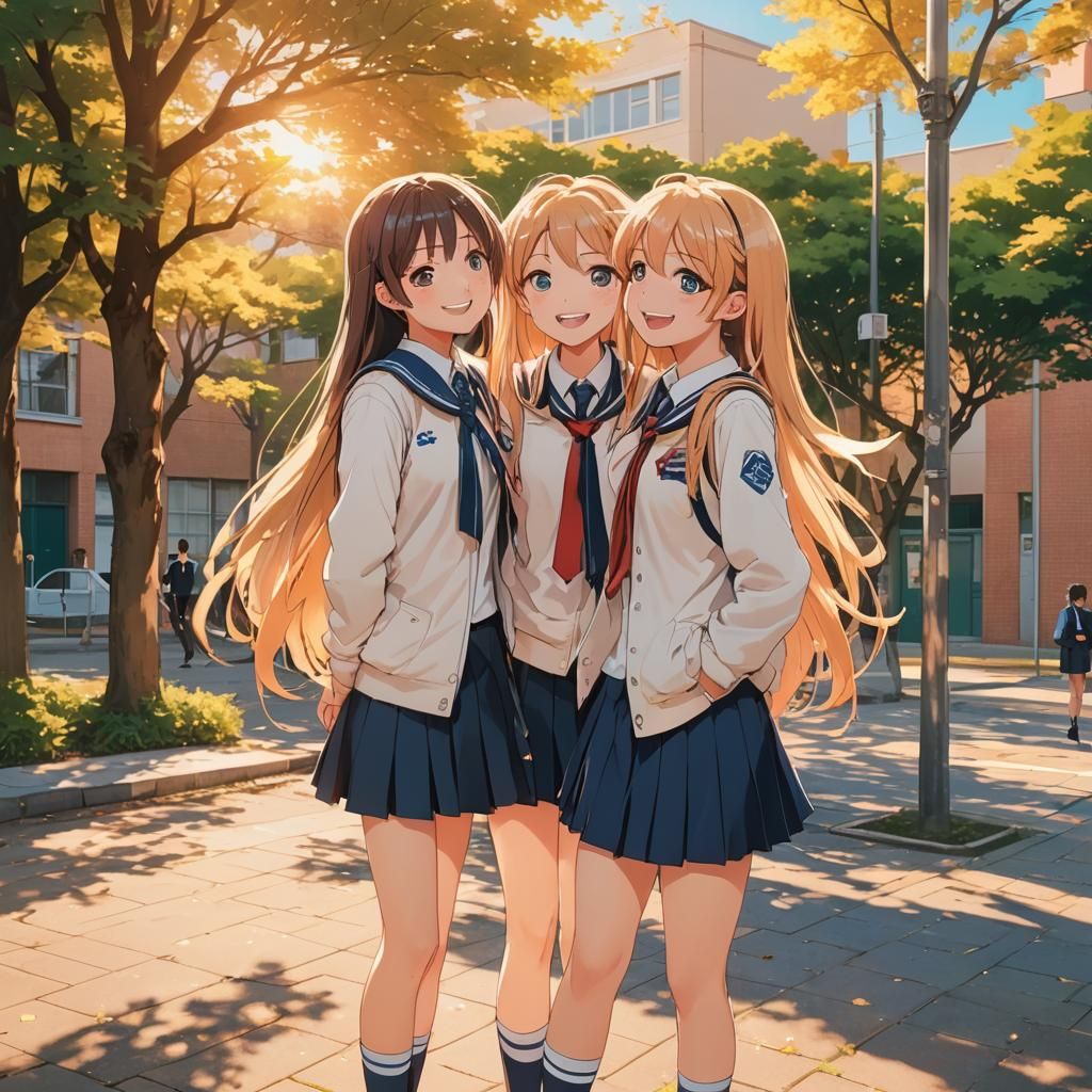 Anime Illustration of High School Friends in Schoolyard