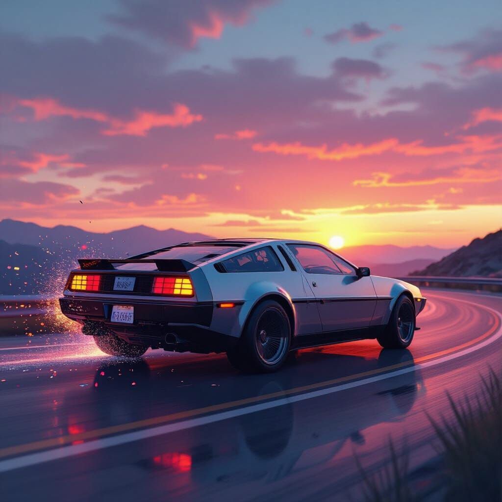 Futuristic Car Disintegrating into Glitch Art Sunset