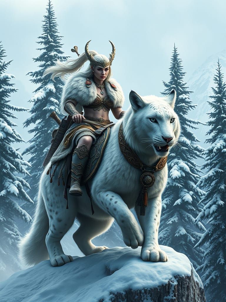 Majestic Albino Barbarian Queen Rides White Lynx Through Icy...