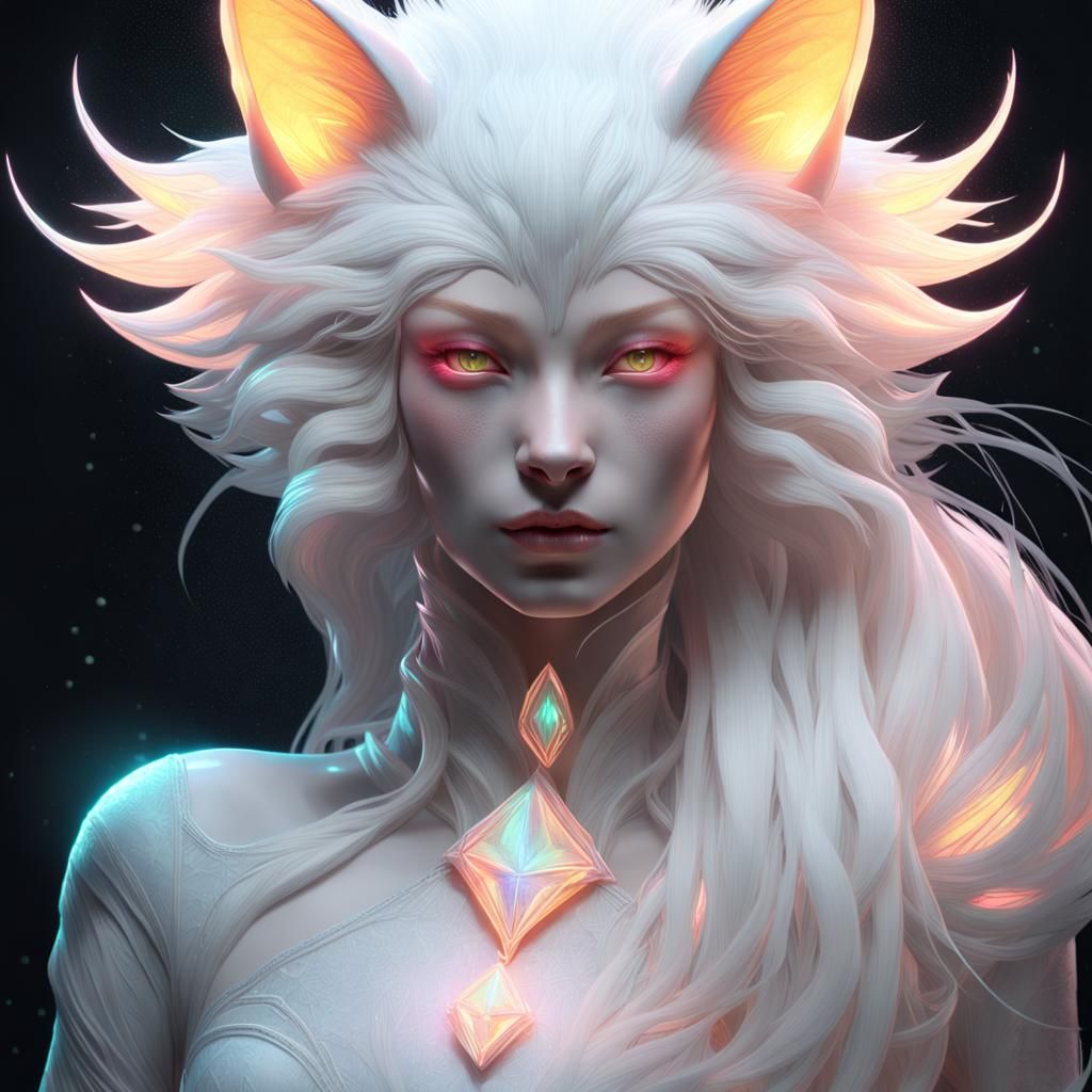 Ethereal Albino Kitsune Portrait in Cosmic Dust