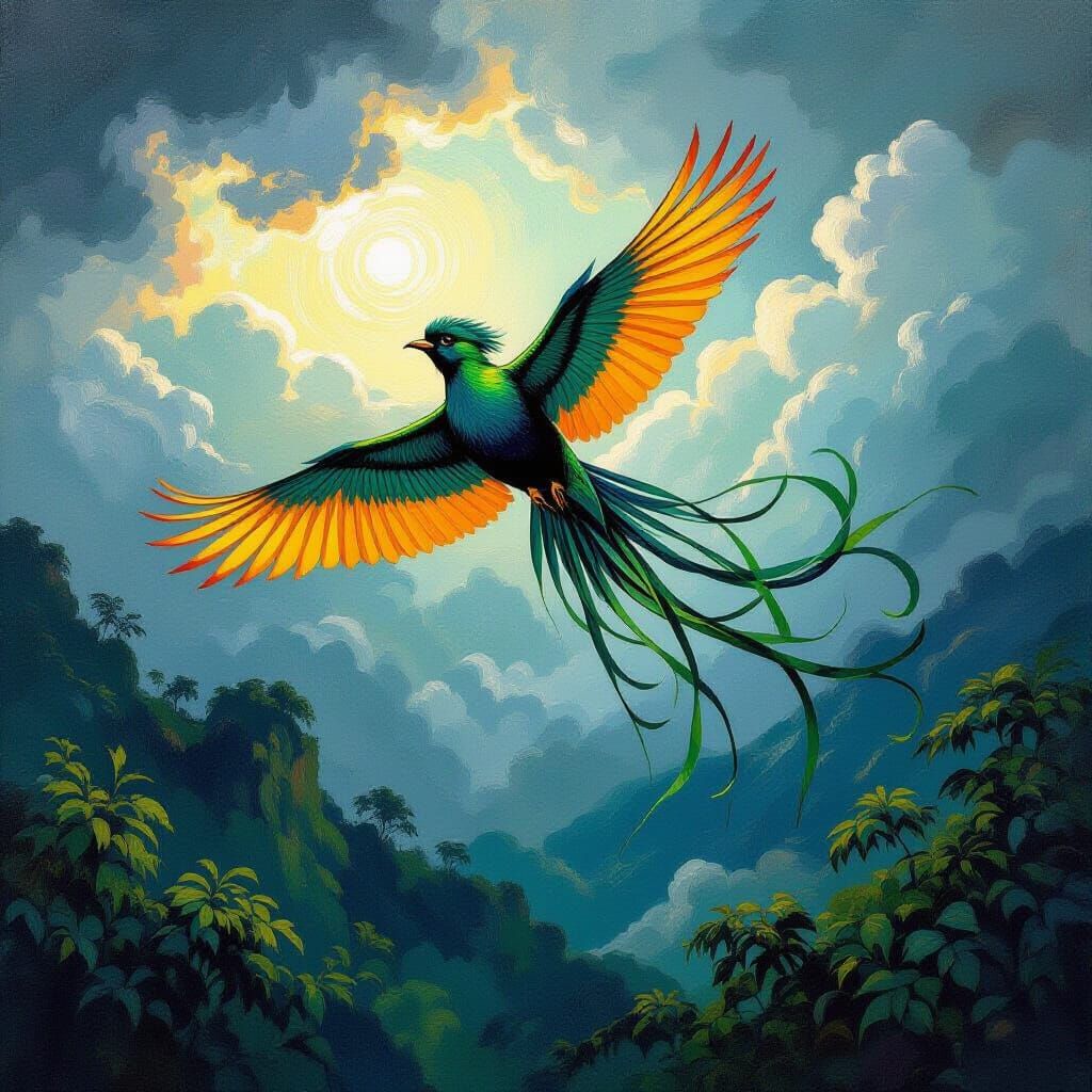 Quetzal Soaring Through Stormy Cloud Forest as Impasto Paint...