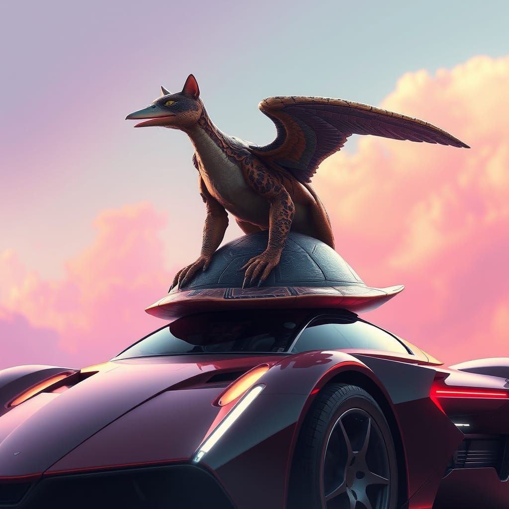 Futuristic Hybrid Creature Takes Flight on Sleek Car