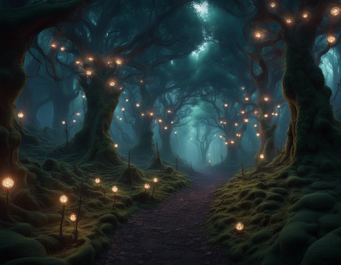 Magical Forest Path with Art Nouveau Carvings