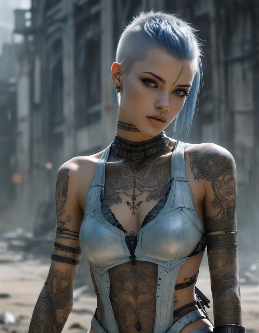 Cyberpunk Girl with Buzz Cut Hair, Comic Book Style