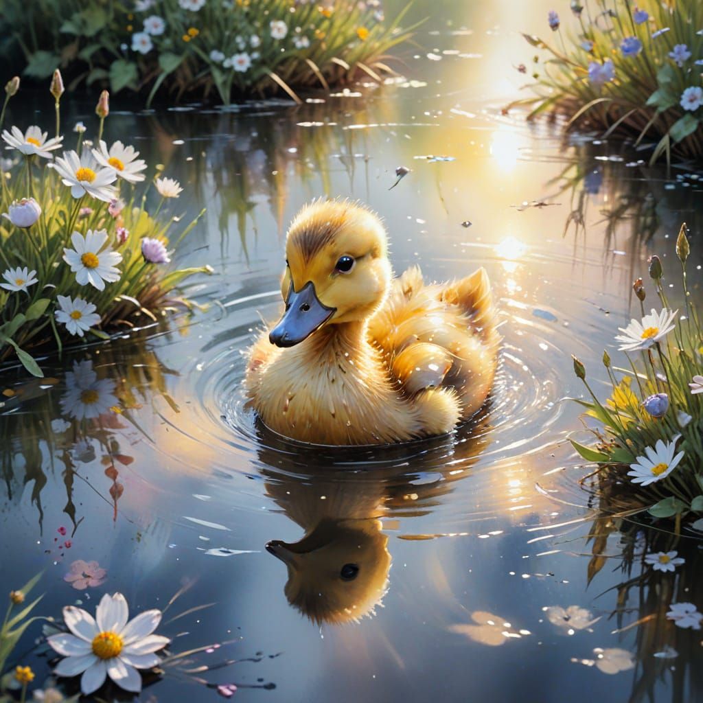 Playful Duckling in Sunlit River: Watercolour Art