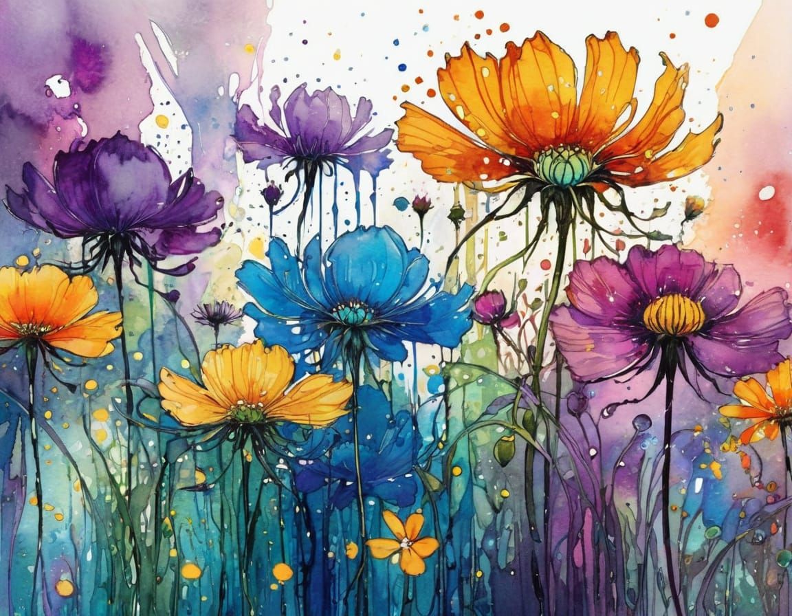 Detailed Wildflowers Illustration in Liquid Ink Watercolor S...
