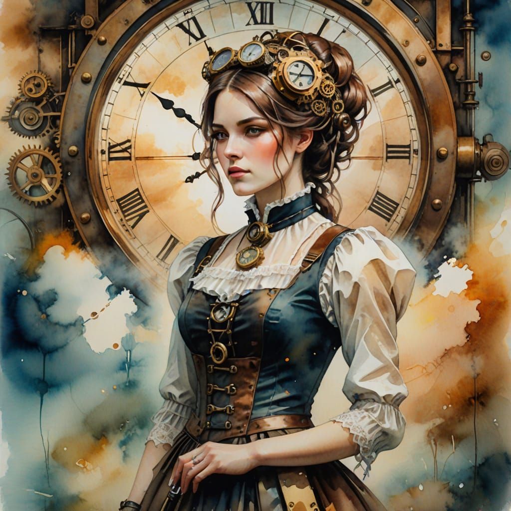Elegant Steampunk Woman in Dreamlike Watercolor Scene