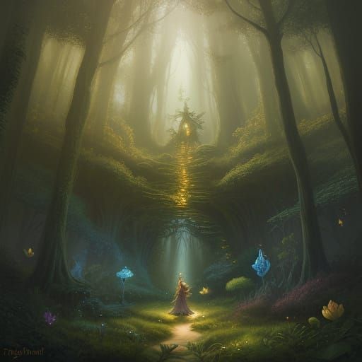 Enchanted Forest Realm of Fairies with Glowing Flora