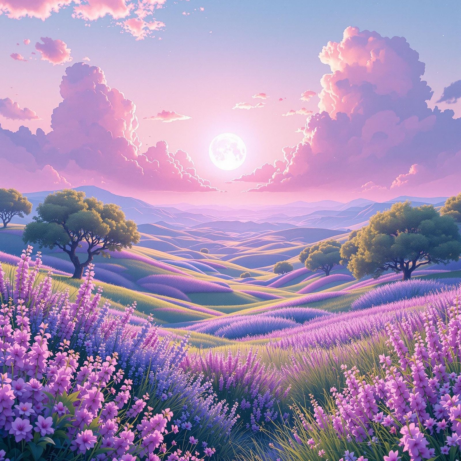 Sunrise Over Spring Landscape in Pastel Colors