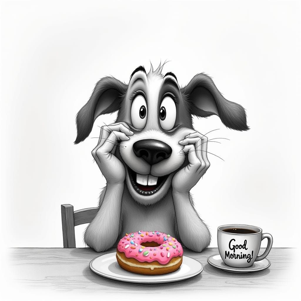 Happy Dog Anticipates Morning Delights in Cartoon-Realism St...