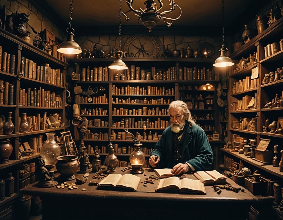 Enchanting Magic Shop with Spell Books: Cinematic Film Still