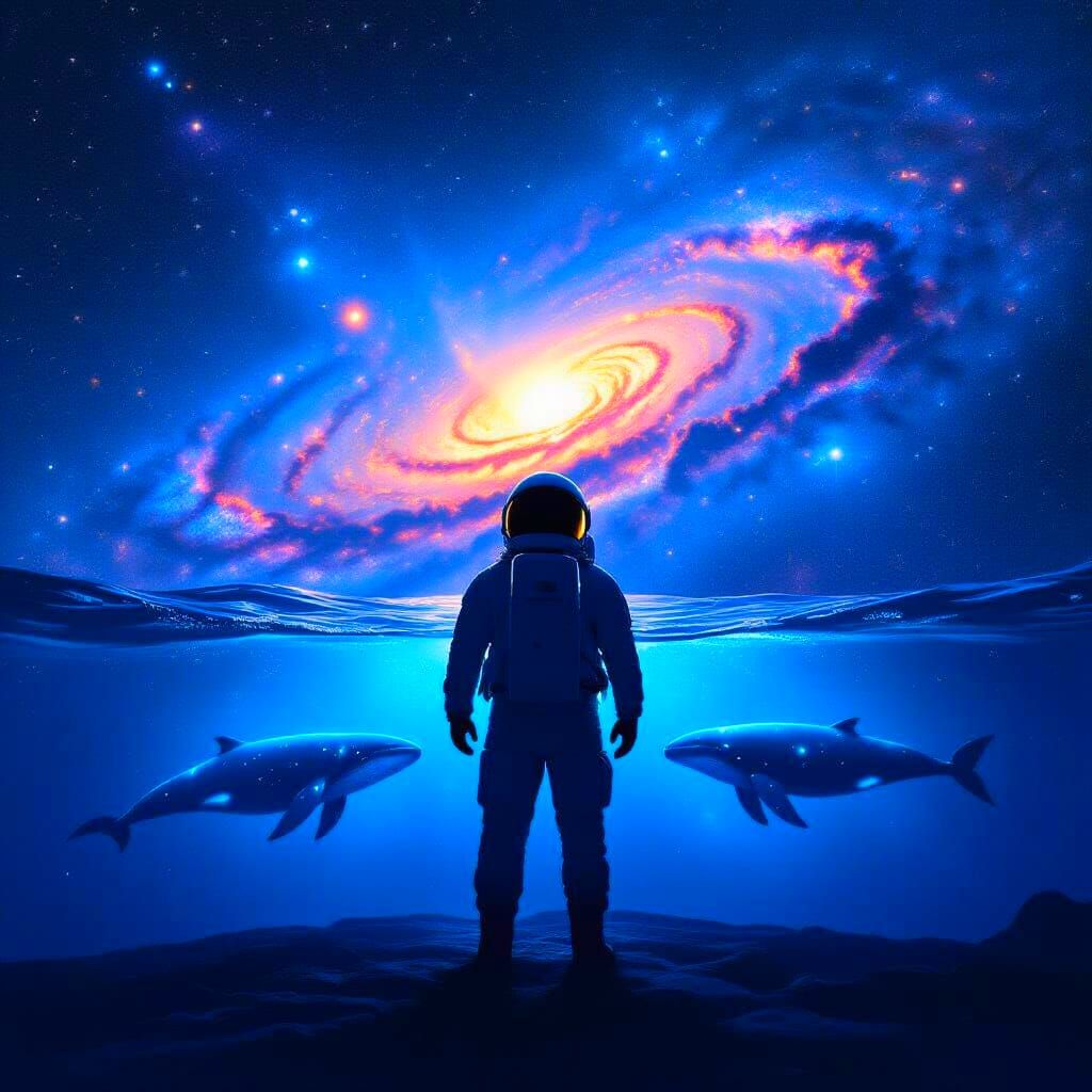 Astronaut Silhouette with Galaxy and Whales, Cinematic Oil T...