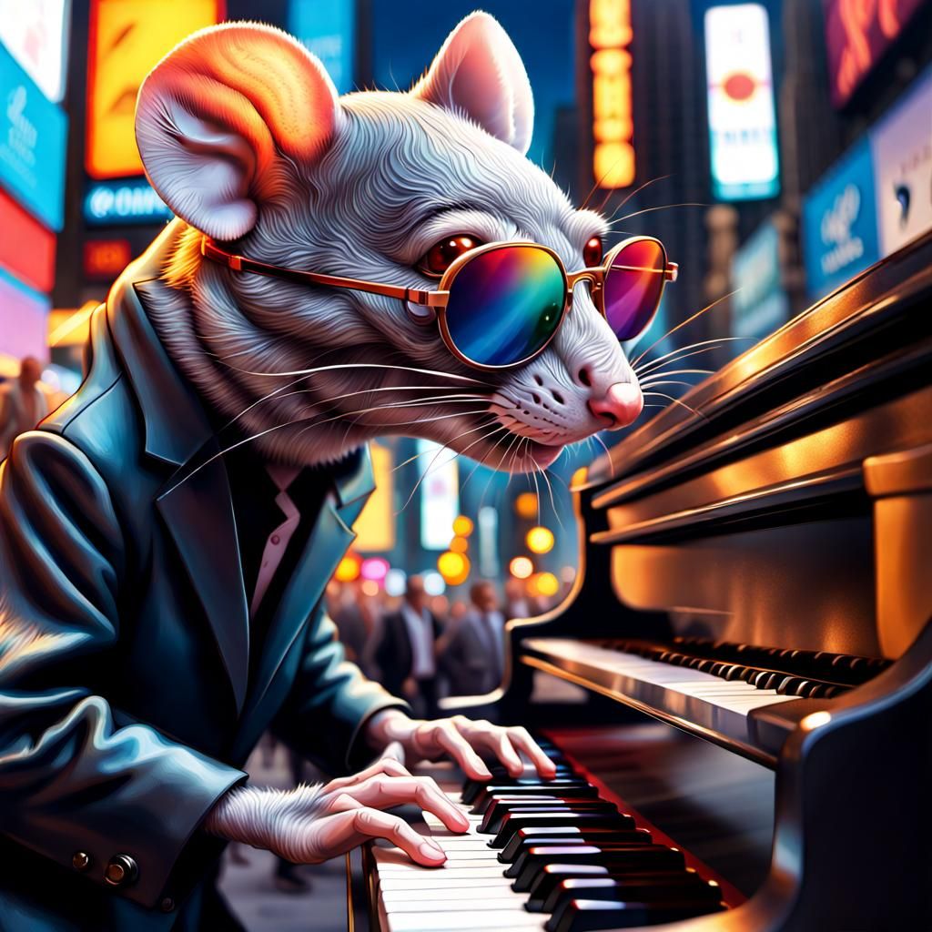 Hyperrealistic Blind Mouse as Ray Charles in Times Square