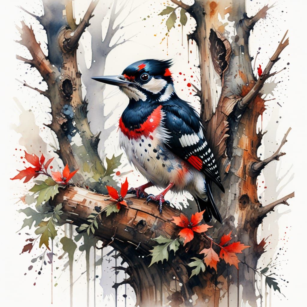 Great Spotted Woodpecker on Oak Tree in Watercolour Style