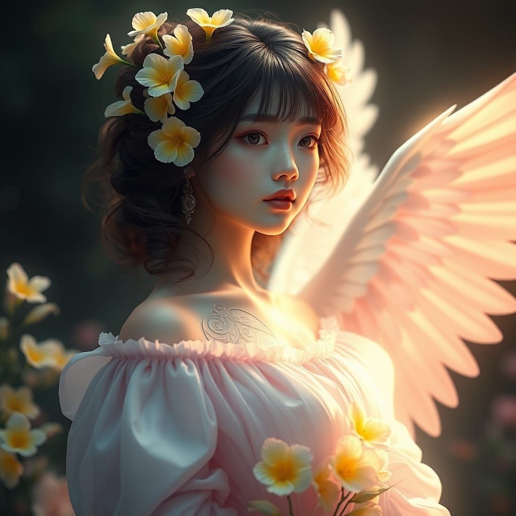 Ethereal Chinese Woman with Flowers, Digital Art
