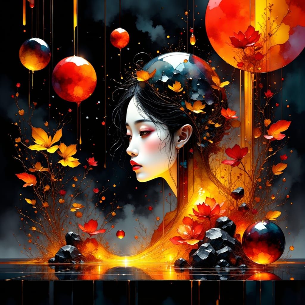 Surreal Still Life with Chinese Portrait in Ink Wash Style