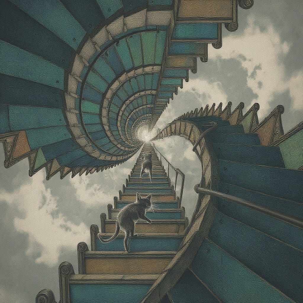 Surreal Staircases with Cat and Mouse, Escher Style
