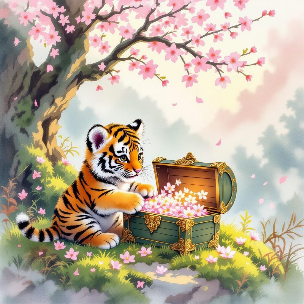 Tiger Cub Plays with Blossoming Treasure Chest